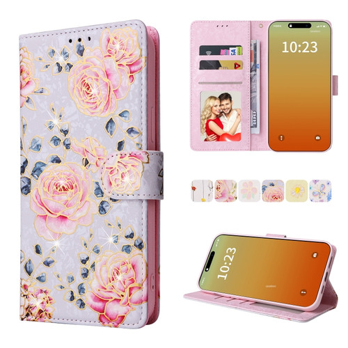 iPhone 15 Pro Max Bronzing Painting RFID Leather Case - Pastoral Rose