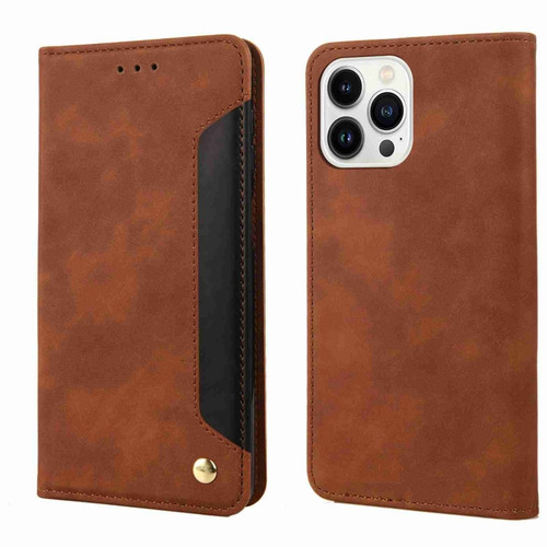 iPhone 15 Pro Max Skin Feel Splicing Leather Phone Case - Brown