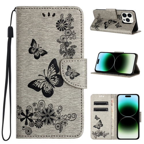 iPhone 15 Pro Max Butterfly Embossed Flip Leather Phone Case - Grey