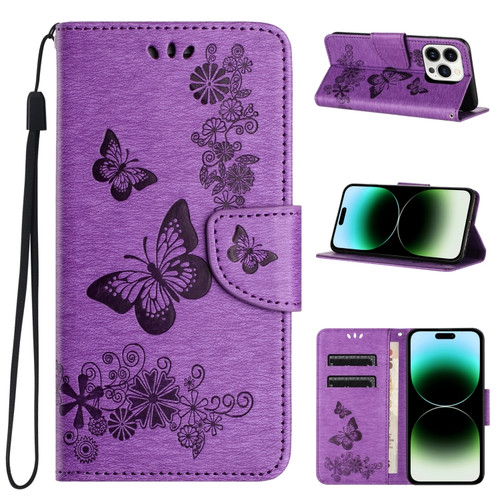 iPhone 15 Pro Max Butterfly Embossed Flip Leather Phone Case - Purple