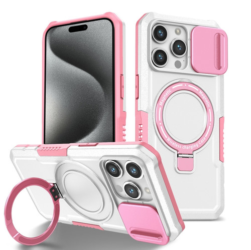 iPhone 15 Pro Max Sliding Camshield Magsafe Holder TPU Hybrid PC Phone Case - Pink White