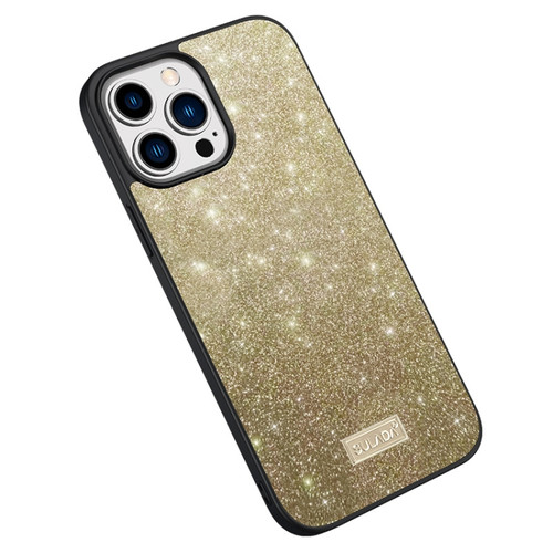 iPhone 15 Pro Max SULADA Glittery PC + TPU + Handmade Leather Phone Case - Gold