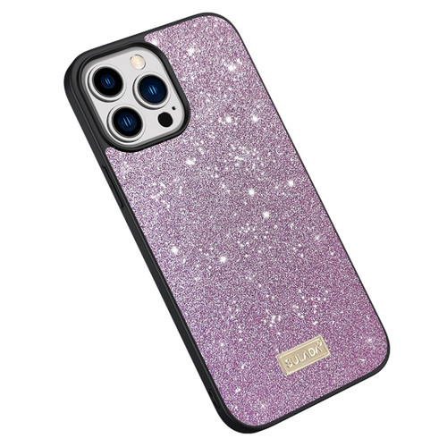 iPhone 15 Pro Max SULADA Glittery PC + TPU + Handmade Leather Phone Case - Purple