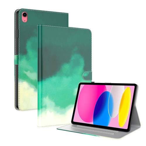 iPad 10th Gen 10.9 2022 Watercolor Pattern Flip Leather Tablet Case - Cyan Green