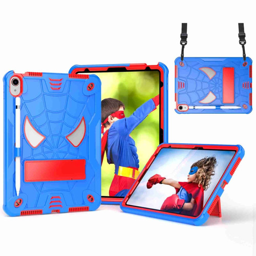 iPad 10th Gen 10.9 2022 Spider Texture Silicone Hybrid PC Tablet Case with Shoulder Strap - Blue + Red