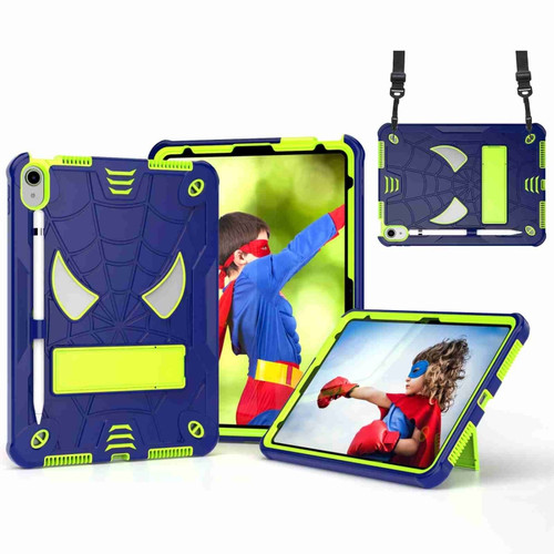 iPad 10th Gen 10.9 2022 Spider Texture Silicone Hybrid PC Tablet Case with Shoulder Strap - Navy Blue + Yellow Green