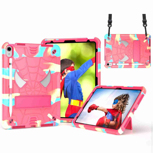 iPad 10th Gen 10.9 2022 Spider Texture Silicone Hybrid PC Tablet Case with Shoulder Strap - Camouflage + Rose Red