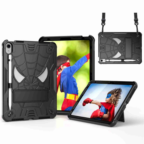 iPad 10th Gen 10.9 2022 Spider Texture Silicone Hybrid PC Tablet Case with Shoulder Strap - Black