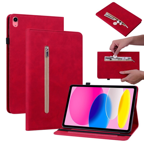 iPad 10th Gen 10.9 2022 Skin Feel Solid Color Zipper Leather Tablet Case - Red