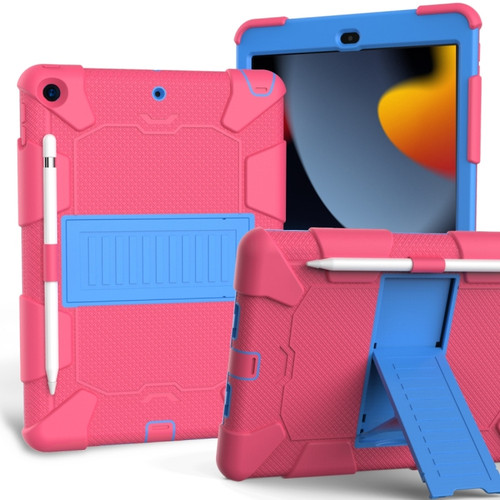 iPad 10.2 Shockproof Two-Color Silicone Protection Case with Holder & Pen Slot - Hot Pink+Blue