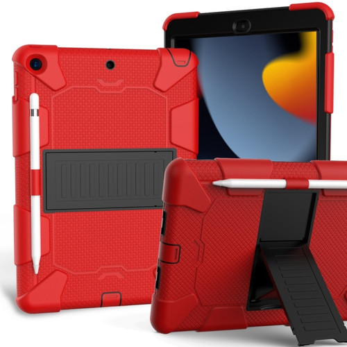 iPad 10.2 Shockproof Two-Color Silicone Protection Case with Holder & Pen Slot - Red+Black