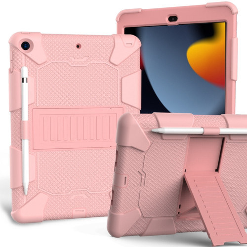 iPad 10.2 Shockproof Two-Color Silicone Protection Case with Holder & Pen Slot - Rose Gold