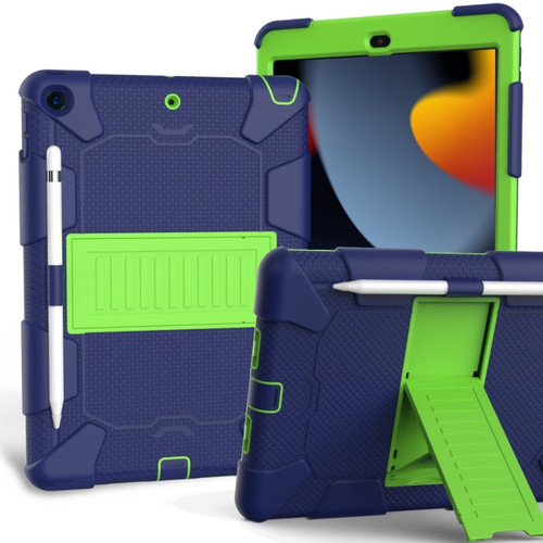 iPad 10.2 Shockproof Two-Color Silicone Protection Case with Holder & Pen Slot - Dark Blue+Green