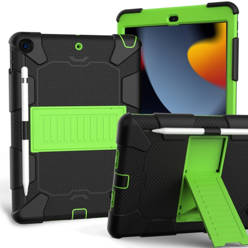 iPad 10.2 Shockproof Two-Color Silicone Protection Case with Holder & Pen Slot - Black+Green