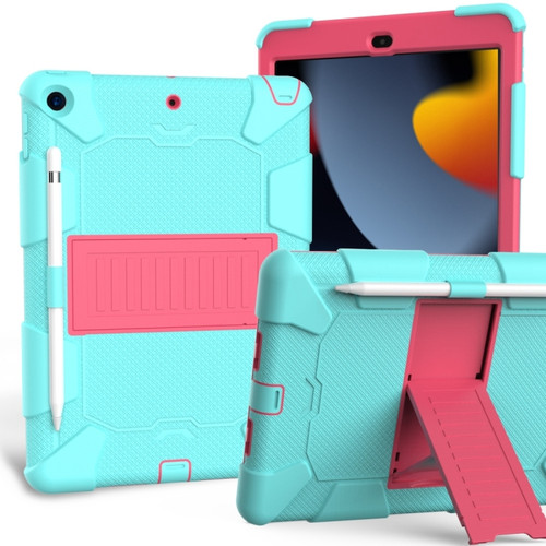iPad 10.2 Shockproof Two-Color Silicone Protection Case with Holder & Pen Slot - TeaL+Hot Pink