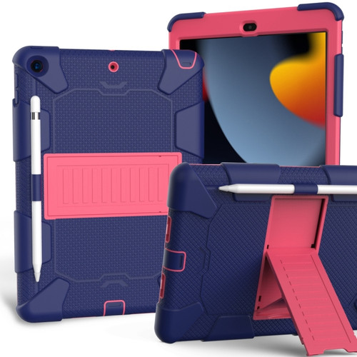 iPad 10.2 Shockproof Two-Color Silicone Protection Case with Holder & Pen Slot - Dark Blue+Hot Pink