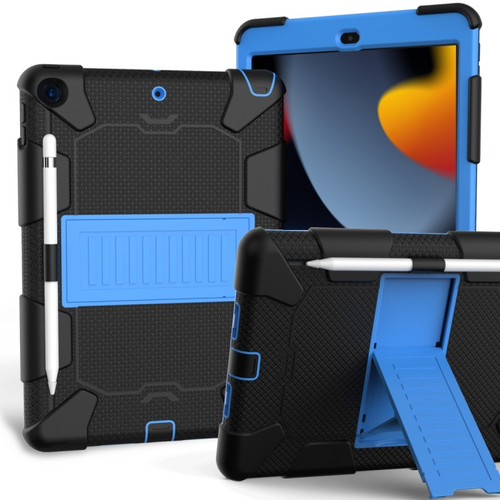 iPad 10.2 Shockproof Two-Color Silicone Protection Case with Holder & Pen Slot - Black+Blue