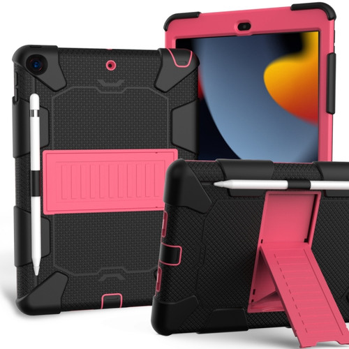 iPad 10.2 Shockproof Two-Color Silicone Protection Case with Holder & Pen Slot - Black+Hot Pink
