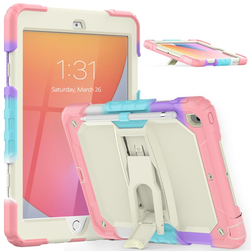 iPad 10.2 2021 / 2020 / 2019 Shockproof Colorful Silica Gel + PC Protective Case with Holder & Shoulder Strap - Colorful Pink