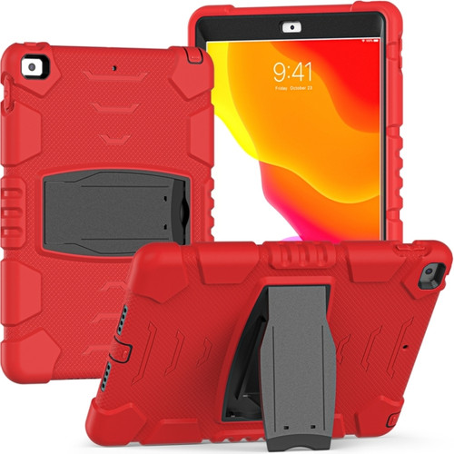 iPad 10.2 2021 / 2020 / 2019 3-Layer Protection Screen Frame + PC + Silicone Shockproof Combination Case with Holder - Red+Black