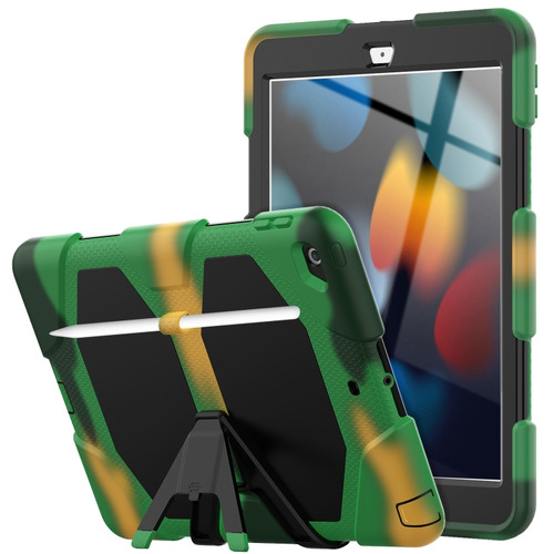 iPad 10.2 2021 / 2020 / 2019 Shockproof Colorful Silicone + PC Protective Case with Holder & Pen Slot - Camouflage Army Green