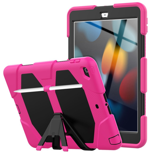 iPad 10.2 2021 / 2020 / 2019 Shockproof Colorful Silicone + PC Protective Case with Holder & Pen Slot - Rose Red