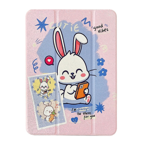 iPad 10.2 2022 / 2021 / 2020 / 2019 Acrylic Painted 3-fold Holder Leather Tablet Case - Three Little Rabbits