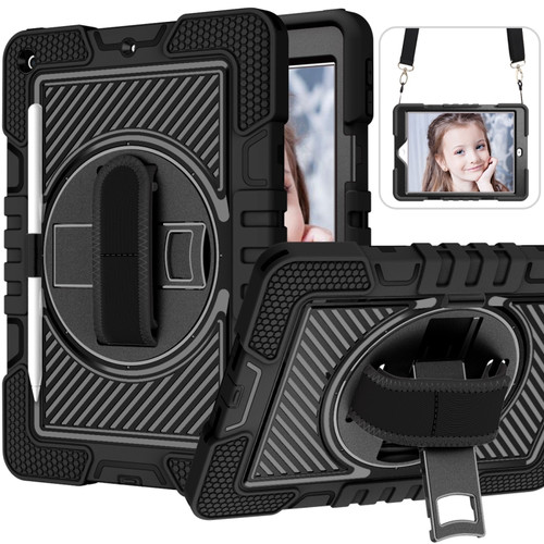 iPad 10.2 2021 / 2020 / 2019 360 Degree Rotation Contrast Color Shockproof Silicone + PC Case with Holder & Hand Grip Strap & Shoulder Strap - Black