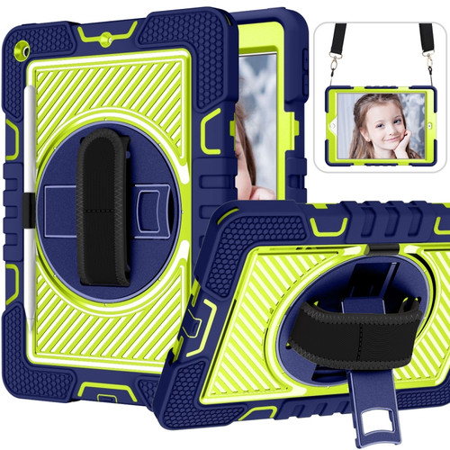 iPad 10.2 2021 / 2020 / 2019 360 Degree Rotation Contrast Color Shockproof Silicone + PC Case with Holder & Hand Grip Strap & Shoulder Strap - Navy+Yellow Green