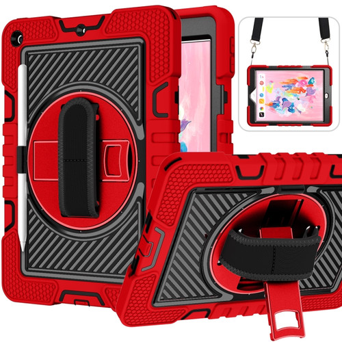 iPad 10.2 2021 / 2020 / 2019 360 Degree Rotation Contrast Color Shockproof Silicone + PC Case with Holder & Hand Grip Strap & Shoulder Strap - Red+Black