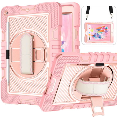 iPad 10.2 2021 / 2020 / 2019 360 Degree Rotation Contrast Color Shockproof Silicone + PC Case with Holder & Hand Grip Strap & Shoulder Strap - Rose Gold