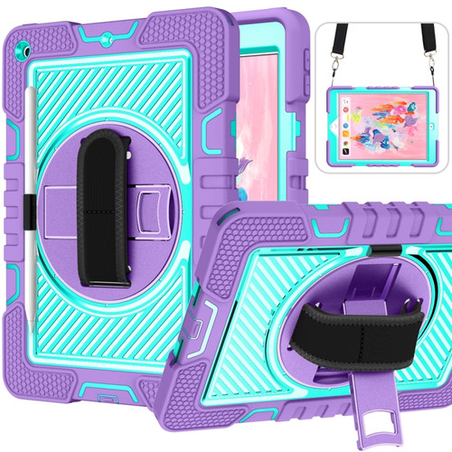 iPad 10.2 2021 / 2020 / 2019 360 Degree Rotation Contrast Color Shockproof Silicone + PC Case with Holder & Hand Grip Strap & Shoulder Strap - Purple + Mint Green