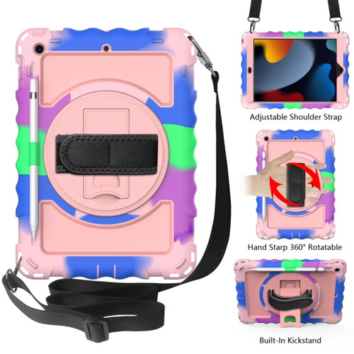 iPad 10.2 360 Degree Rotating Case with Pencil Holder, Kickstand Shockproof Heavy Duty with Shoulder Strap,Hand Strap - Colorful+Rose Gold