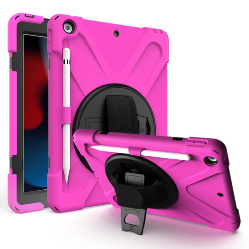 iPad 10.2 2021 / 2020 / 2019 Shockproof Colorful Silicone + PC Protective Case with Holder & Shoulder Strap & Hand Strap & Pen Slot - Pink