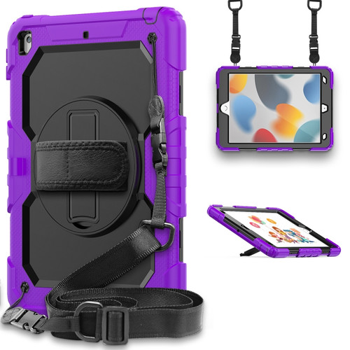 iPad 10.2 2021 / 2020 / 2019 Shockproof Silicone + PC Protective Case with Holder & Shoulder Strap & Pen Slot - Purple