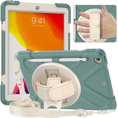 iPad 10.2 2021 / 2020 / 2019 Pure Color Silicone + PC Protective Case with Holder & Shoulder Strap - Emerald Green