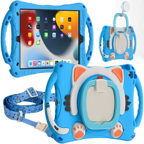 Cute Cat King Kids Shockproof Silicone Tablet Case with Holder & Shoulder Strap & Handle iPad 10.2 2019 / 2020 / 2021 / Pro 10.5 - Light Blue