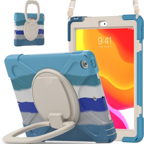 Apple iPad 10.2 2021 / 2020 / 2019 Colorful Silicone + PC Protective Case with Holder & Shoulder Strap - Blue