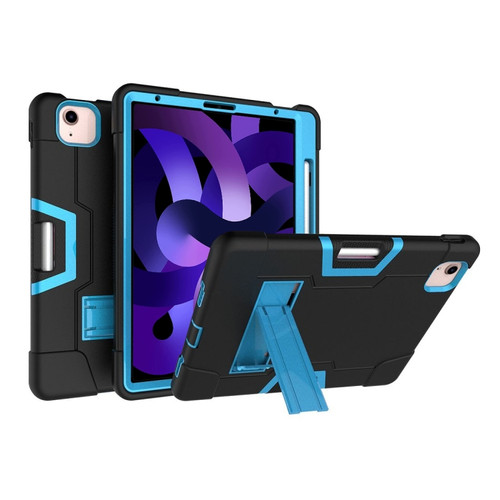 iPad Air 2022 / 2020 10.9 Contrast Color Robot Shockproof Silicon + PC Protective Case with Holder & Pen Slot - Black + Blue