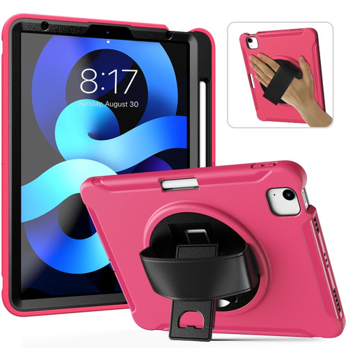 iPad Air 2022 / 2020 10.9 360 Degree Rotation PC + TPU Protective Case with Holder & Hand-strap & Pen Slot - Rose Red