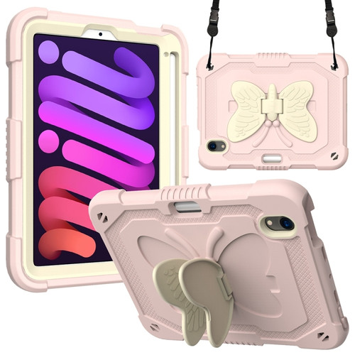 iPad mini 6 Beige PC + Silicone Anti-drop Protective Tablet Case with Butterfly Shape Holder & Pen Slot - Beige + Rose Pink