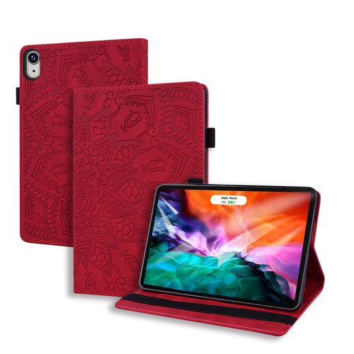 iPad mini 6 Calf Pattern Double Folding Design Embossed Leather Tablet Case with Holder & Card Slots & Pen Slot & Elastic Band - Red