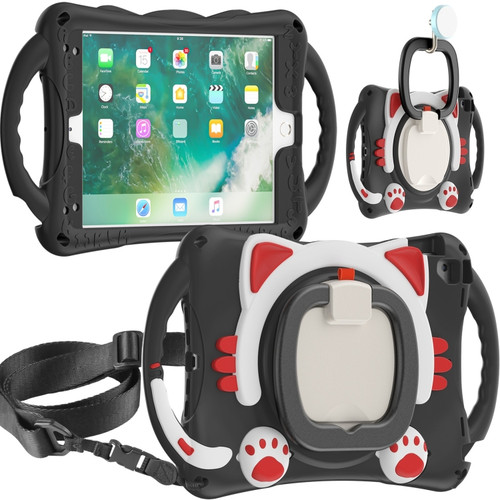 Cute Cat King Kids Shockproof Silicone Tablet Case with Holder & Shoulder Strap & Handle iPad 9.7 2018 / 2017 / Air / Air 2 / Pro 9.7 - Black Red