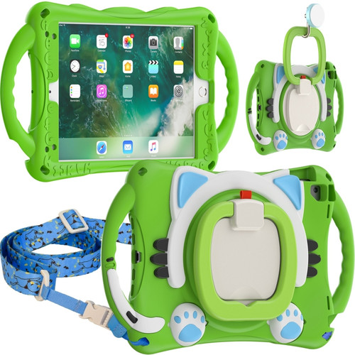 Cute Cat King Kids Shockproof Silicone Tablet Case with Holder & Shoulder Strap & Handle iPad 9.7 2018 / 2017 / Air / Air 2 / Pro 9.7 - Green