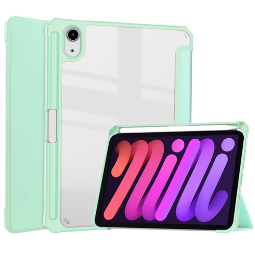 iPad mini 6 Three-folding Acrylic TPU + PU Leather Horizontal Flip Tablet Case with Holder & Pen Slot & Sleep / Wake-up Function - Mint Green
