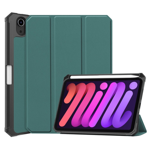 iPad mini 6 Custer Pattern Pure Color TPU Smart Tablet Holster with Sleep Function & 3-Fold Holder & Pen Slot - Dark Green