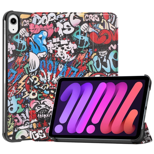 iPad mini 6 Custer Painted PU Leather Tablet Case with Sleep / Wake-up Function & 3-Fold Holder - Graffiti