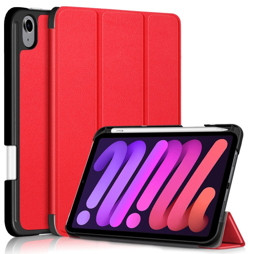 iPad mini 6 Solid Color TPU Horizontal Flip Leather Tablet Case with Three-folding Holder & Pen Slot & Sleep / Wake-up Function - Red