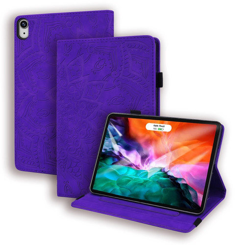 iPad mini 6 Calf Pattern Double Folding Design Embossed Leather Tablet Case with Holder & Card Slots & Pen Slot & Elastic Band - Purple