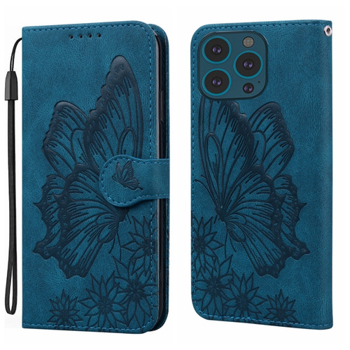 iPhone 15 Pro Max Retro Skin Feel Butterflies Embossing Leather Phone Case - Blue